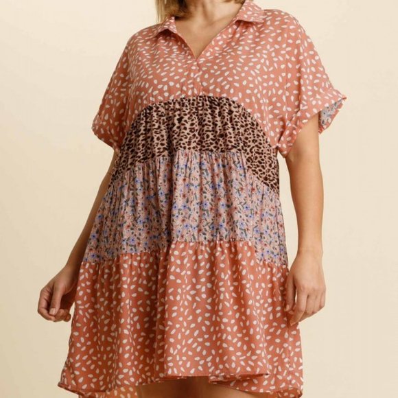 RESTOCKED Umgee Plus Salmon Mix Print Boho Dress - Picture 2 of 6